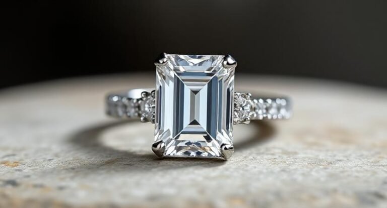 sparkling emerald cut moissanite ring