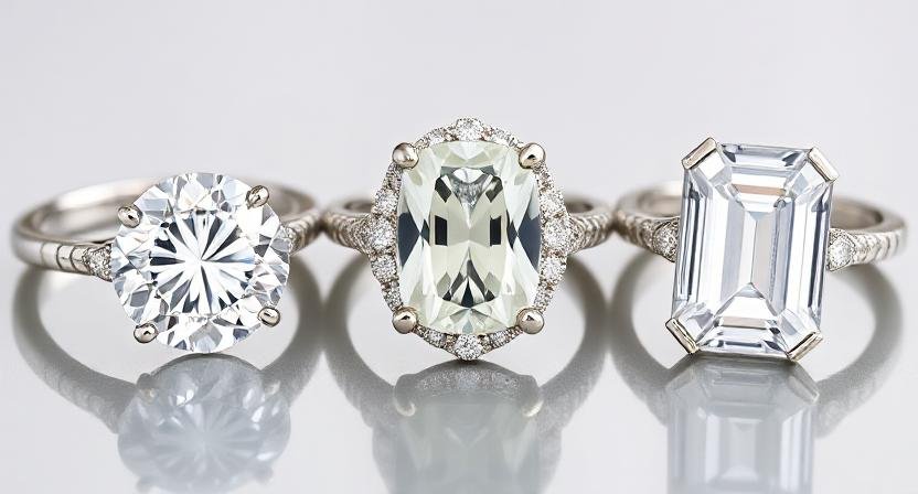 three large center stone moissanite engagement rings
