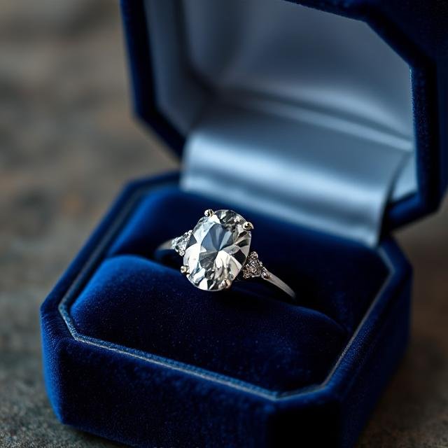 oval moissanite engagement ring in blue velvet box