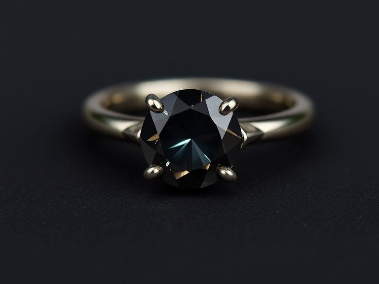 Black diamond in yellow gold solitaire ring setting illustrating black moissanite vs black diamond comparison